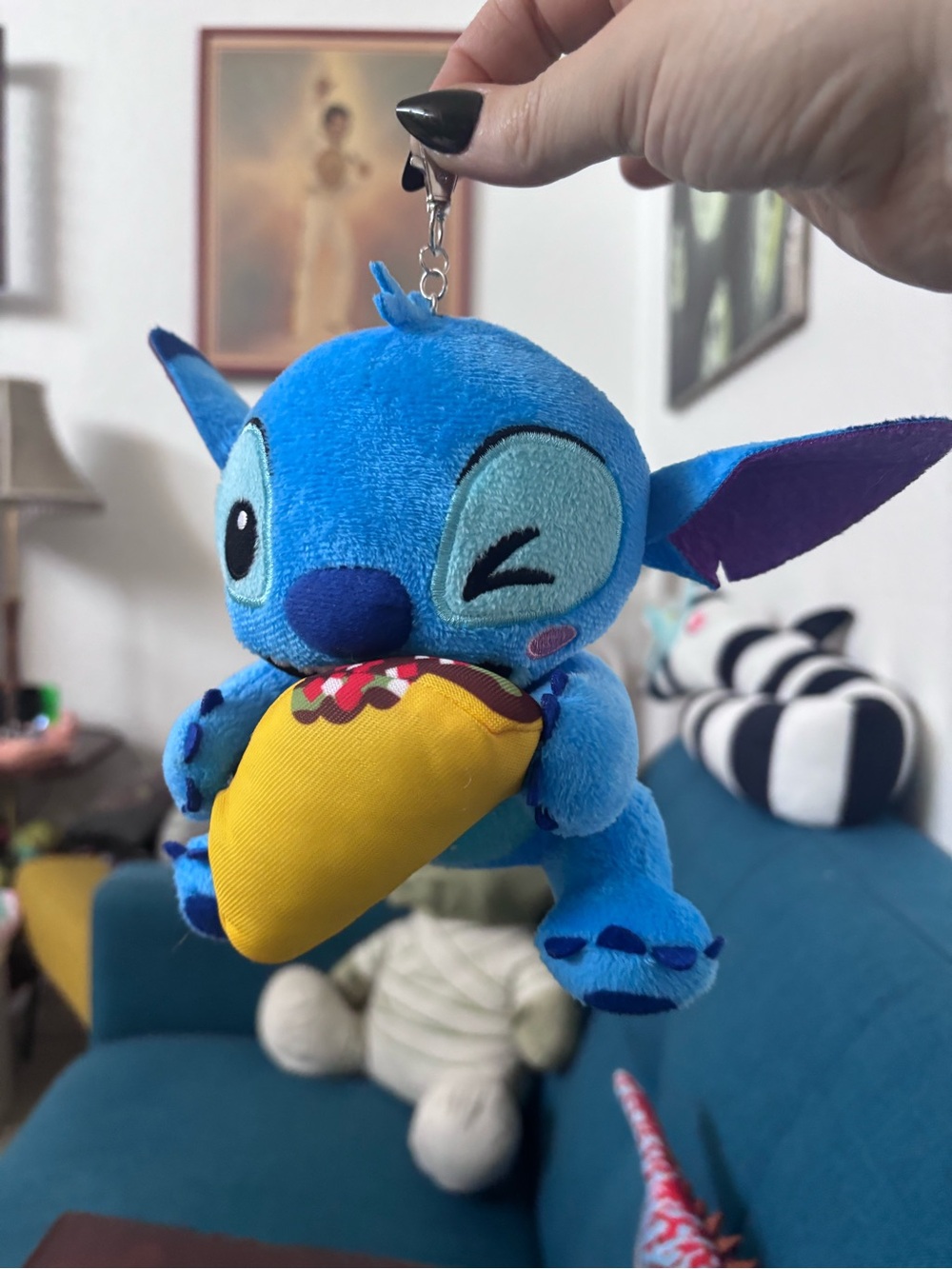 Disney Blue Stitch Plush Keychain Holding Yellow Taco